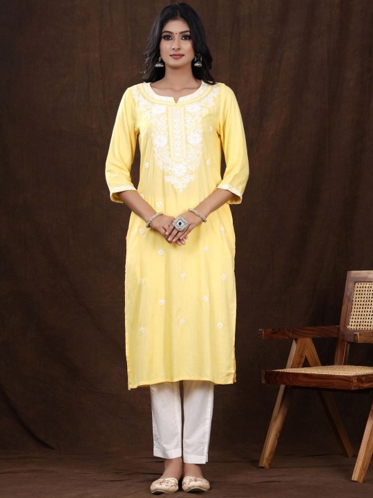Rayon Floral Embroidered Sequined Straight Kurta