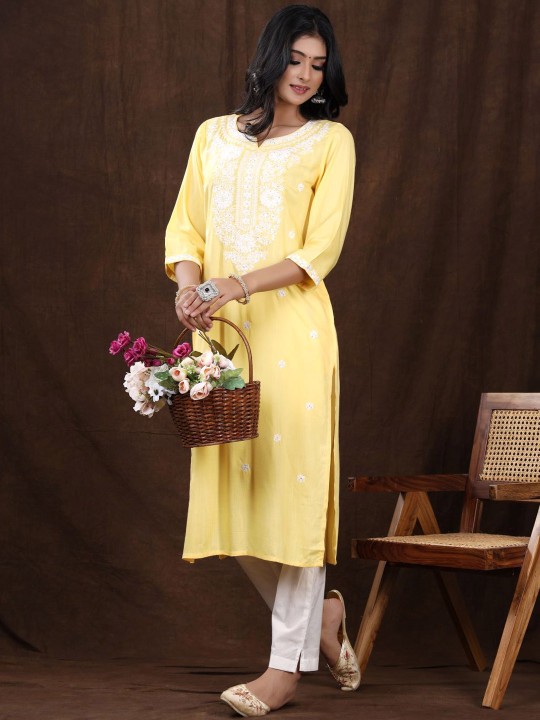 Rayon Floral Embroidered Sequined Straight Kurta