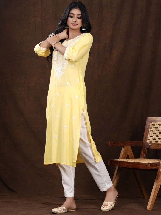 Rayon Floral Embroidered Sequined Straight Kurta