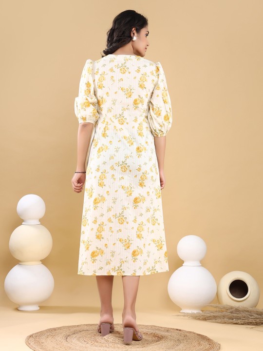 Cotton Floral Print Puff Sleeve Fit & Flare Midi Dress