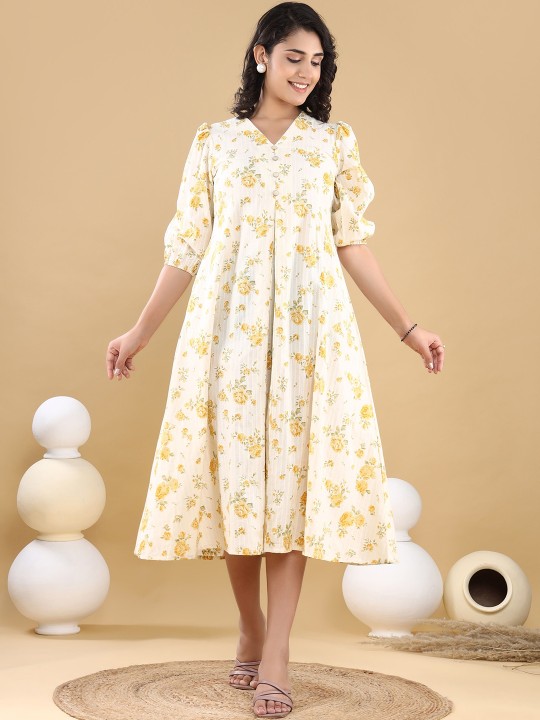 Cotton Floral Print Puff Sleeve Fit & Flare Midi Dress