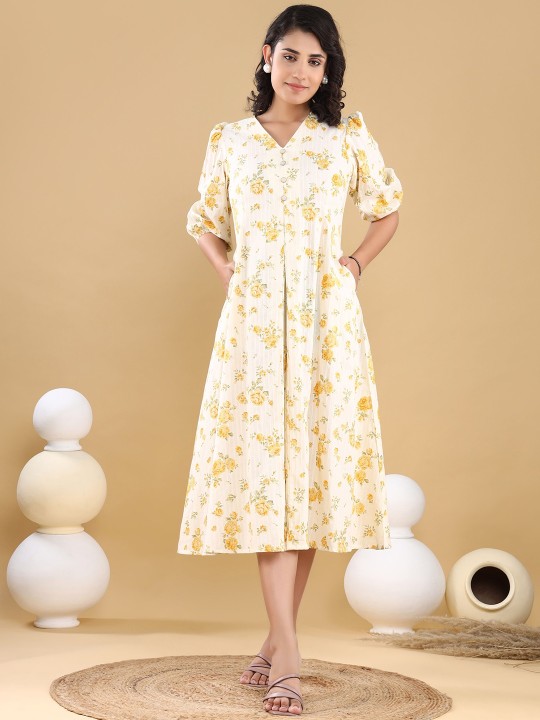 Cotton Floral Print Puff Sleeve Fit & Flare Midi Dress