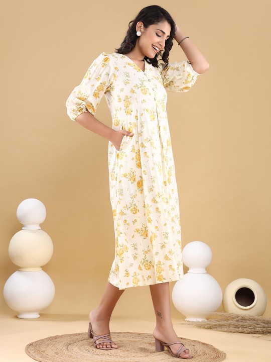 Cotton Floral Print Puff Sleeve Fit & Flare Midi Dress