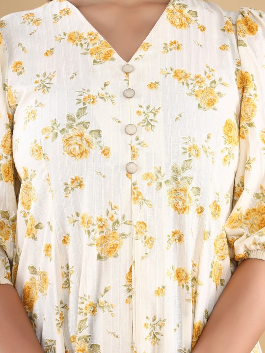 Cotton Floral Print Puff Sleeve Fit & Flare Midi Dress
