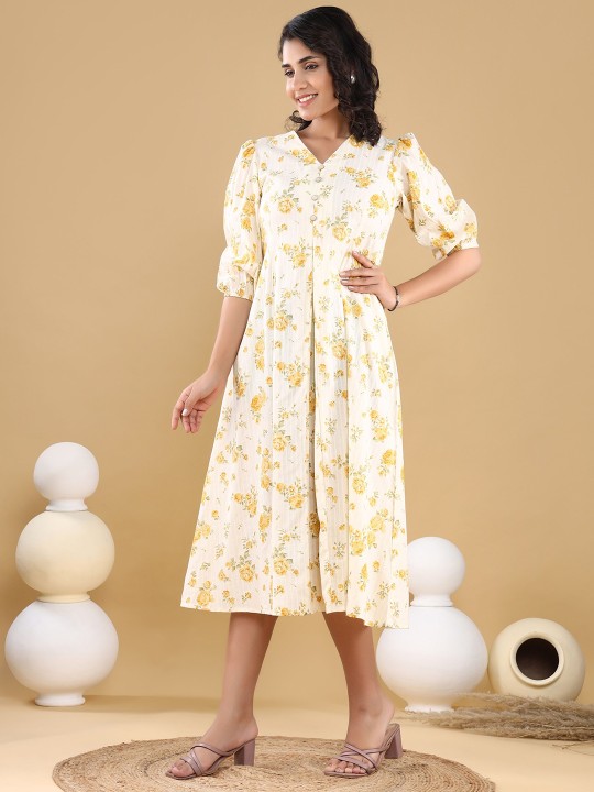 Cotton Floral Print Puff Sleeve Fit & Flare Midi Dress
