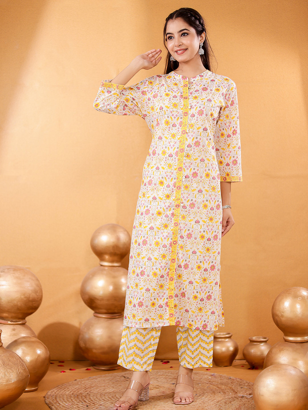 Floral Printed Mandarin Collar Pure Cotton Straight Kurta With Trousers & Dupatta
