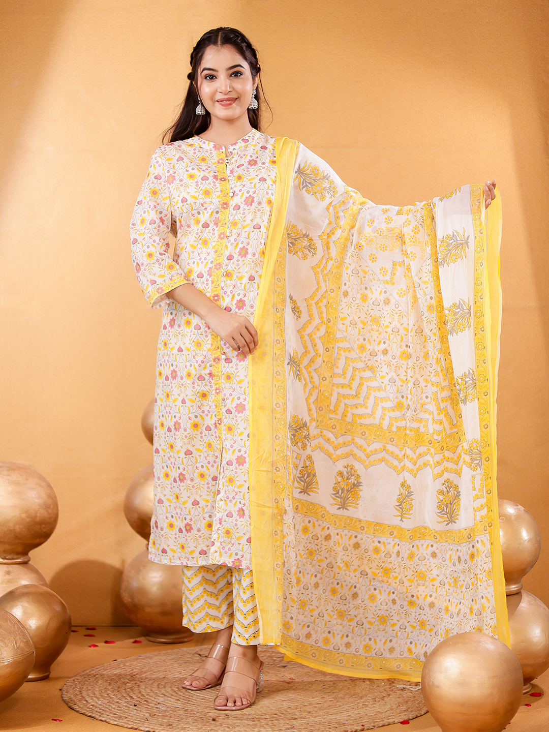 Floral Printed Mandarin Collar Pure Cotton Straight Kurta With Trousers & Dupatta