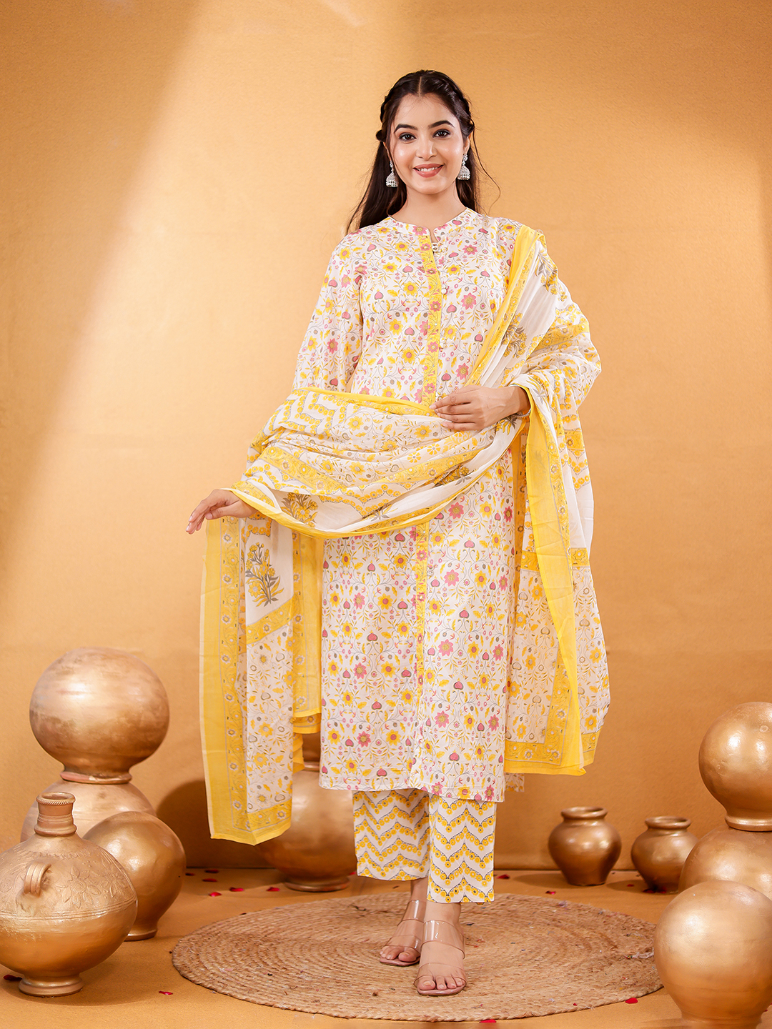 Floral Printed Mandarin Collar Pure Cotton Straight Kurta With Trousers & Dupatta