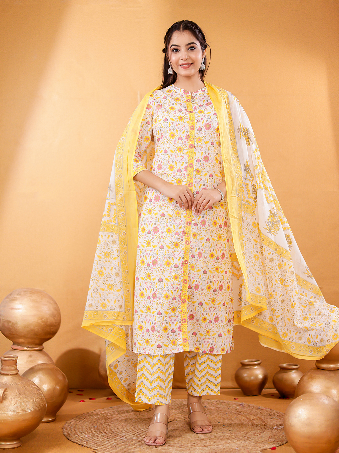 Floral Printed Mandarin Collar Pure Cotton Straight Kurta With Trousers & Dupatta