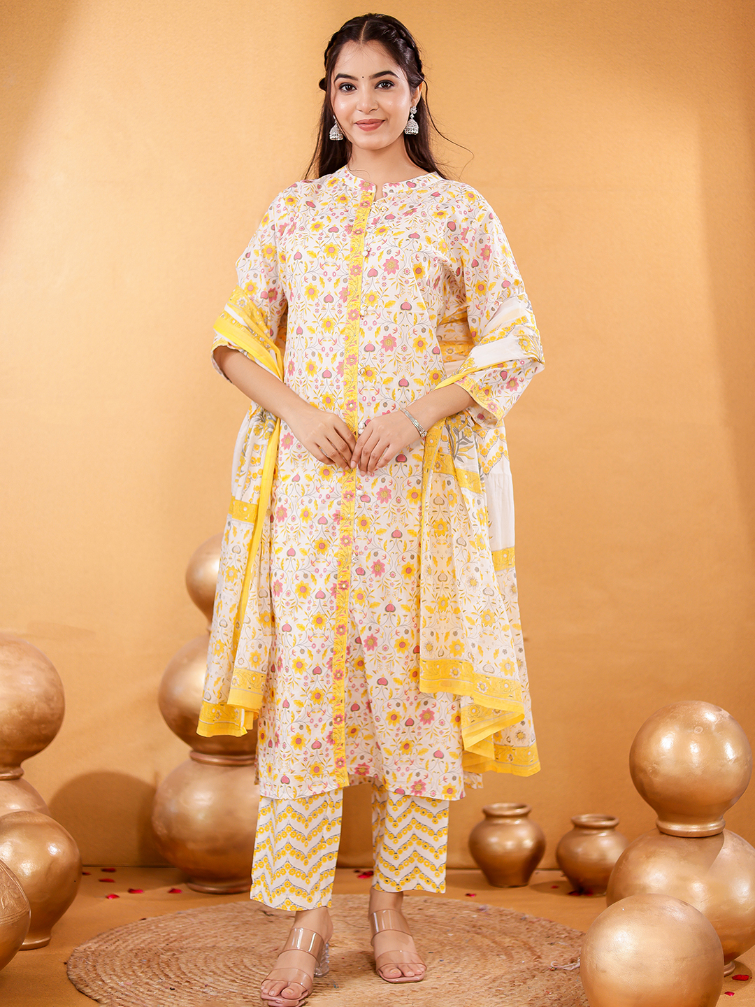 Floral Printed Mandarin Collar Pure Cotton Straight Kurta With Trousers & Dupatta