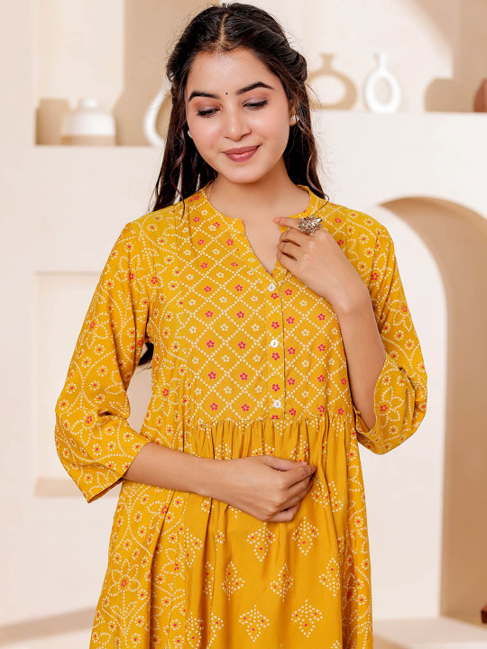 Women Rayon Bandhani Printed Mandarin Collar A-line Kurta