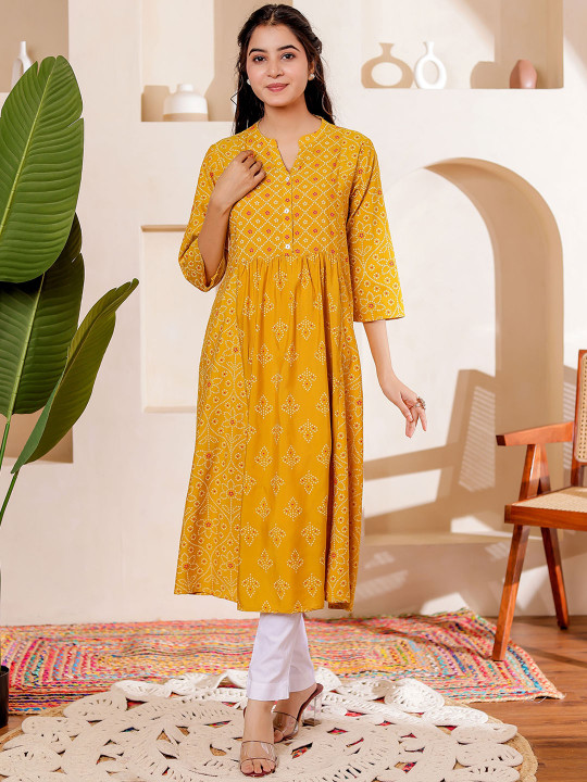 Women Rayon Bandhani Printed Mandarin Collar A-line Kurta Hover