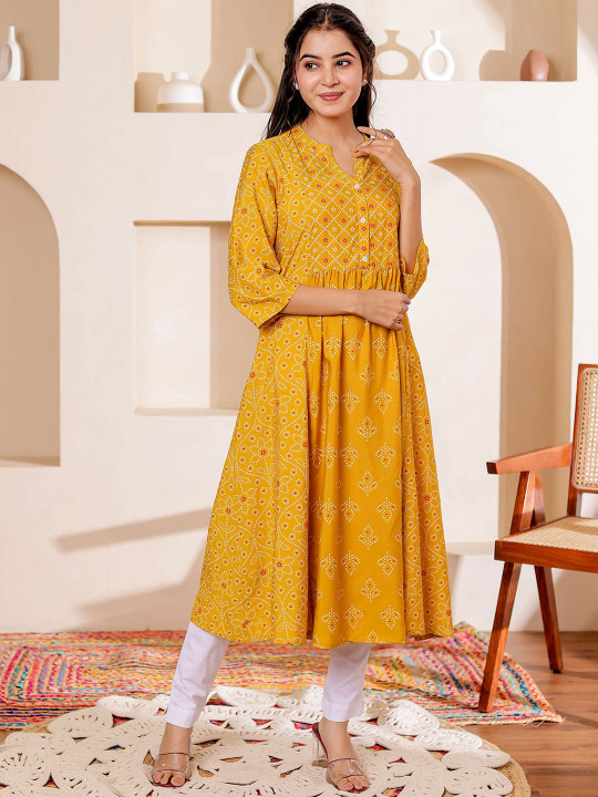 Women Rayon Bandhani Printed Mandarin Collar A-line Kurta