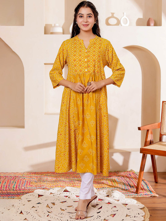 Women Rayon Bandhani Printed Mandarin Collar A-line Kurta
