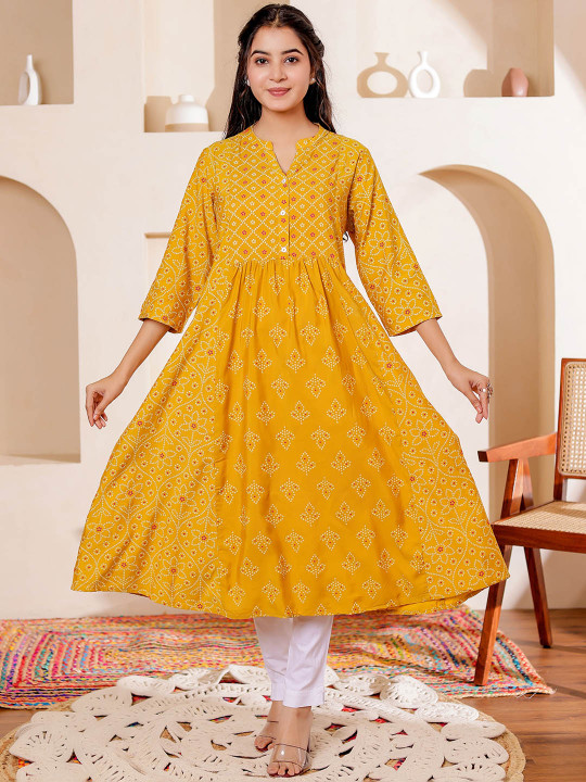 Women Rayon Bandhani Printed Mandarin Collar A-line Kurta