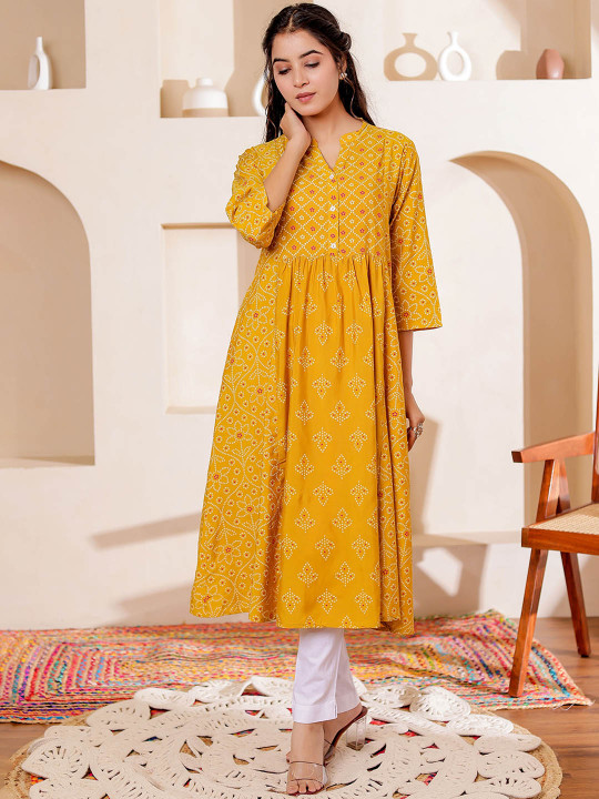 Women Rayon Bandhani Printed Mandarin Collar A-line Kurta