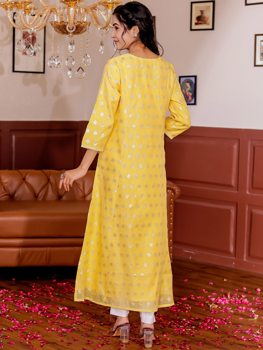 Womens Chanderi Floral Embroidered Notch Neck Silk Straight Kurta