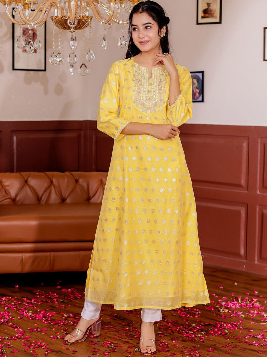 Womens Chanderi Floral Embroidered Notch Neck Silk Straight Kurta