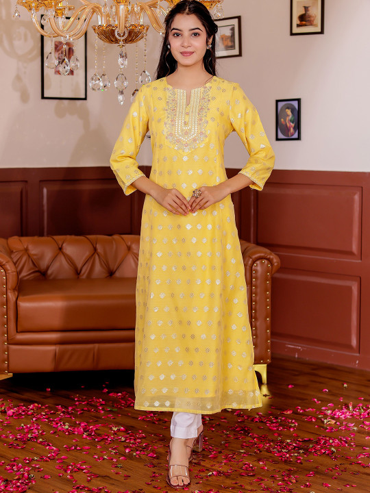 Womens Chanderi Floral Embroidered Notch Neck Silk Straight Kurta