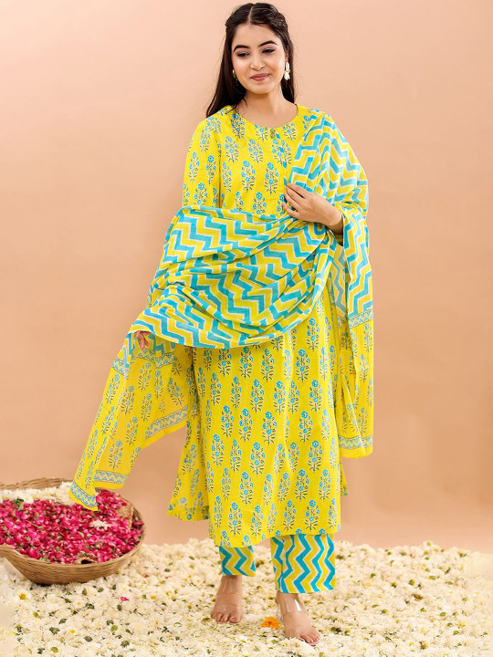 Women Floral Printed Pure Cotton Straight Kurta With Trousers & Dupatta Set