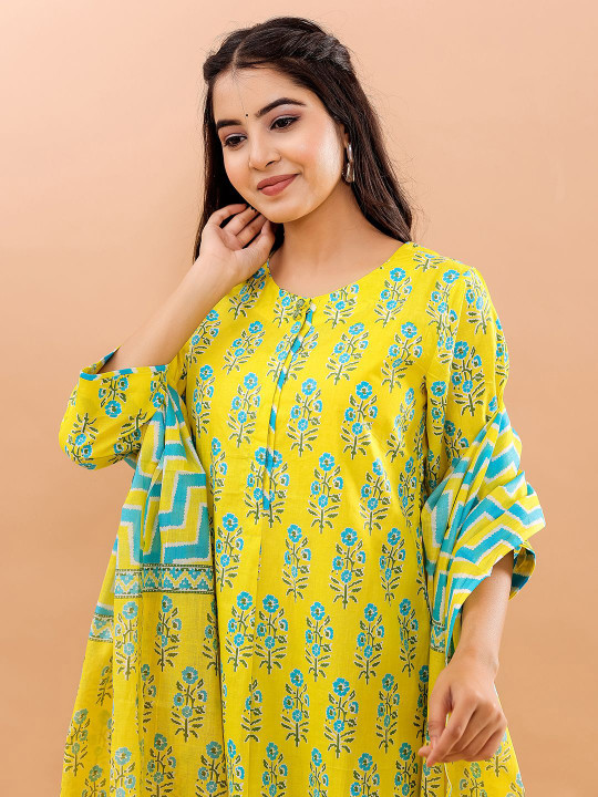 Women Floral Printed Pure Cotton Straight Kurta With Trousers & Dupatta Set