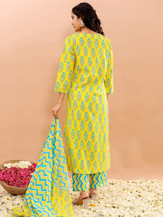 Women Floral Printed Pure Cotton Straight Kurta With Trousers & Dupatta Set Hover