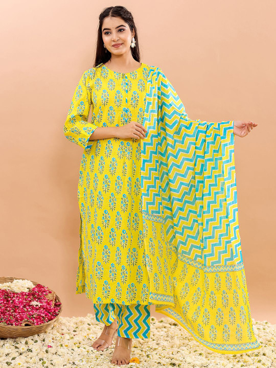 Women Floral Printed Pure Cotton Straight Kurta With Trousers & Dupatta Set
