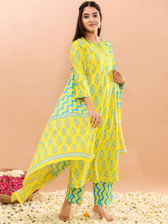 Women Floral Printed Pure Cotton Straight Kurta With Trousers & Dupatta Set