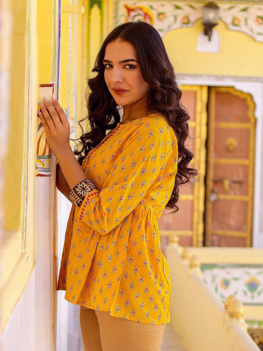 Women Printed Cotton Embroidered top Hover