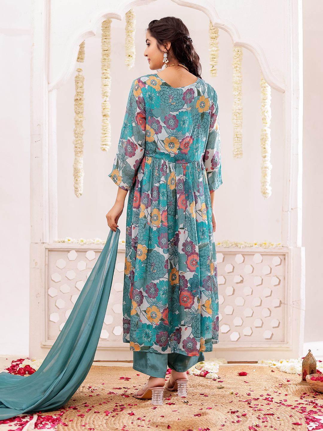 Chinon Floral Printed Adda Work Kurta, Trousers & With Dupatta
