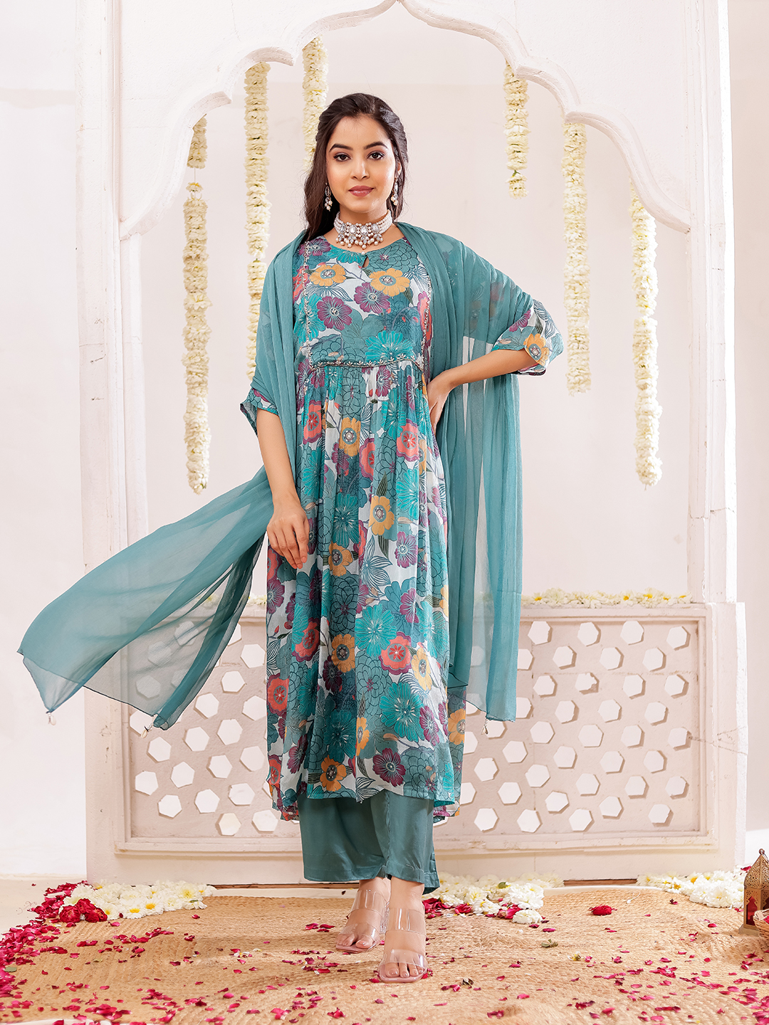 Chinon Floral Printed Adda Work Kurta, Trousers & With Dupatta