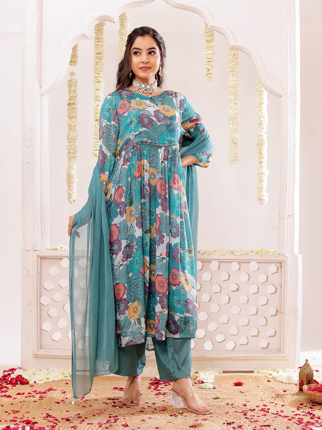 Chinon Floral Printed Adda Work Kurta, Trousers & With Dupatta
