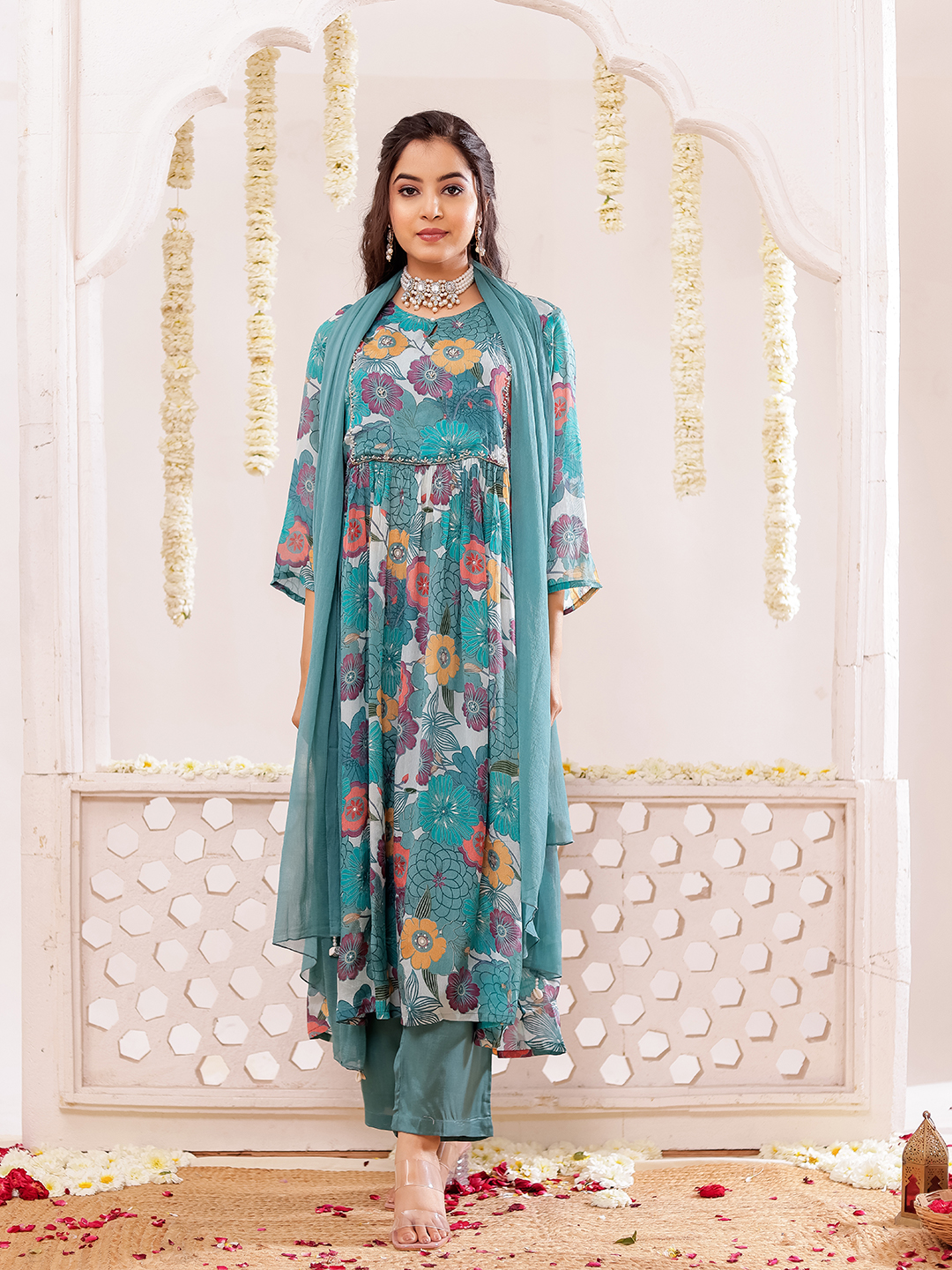 Chinon Floral Printed Adda Work Kurta, Trousers & With Dupatta