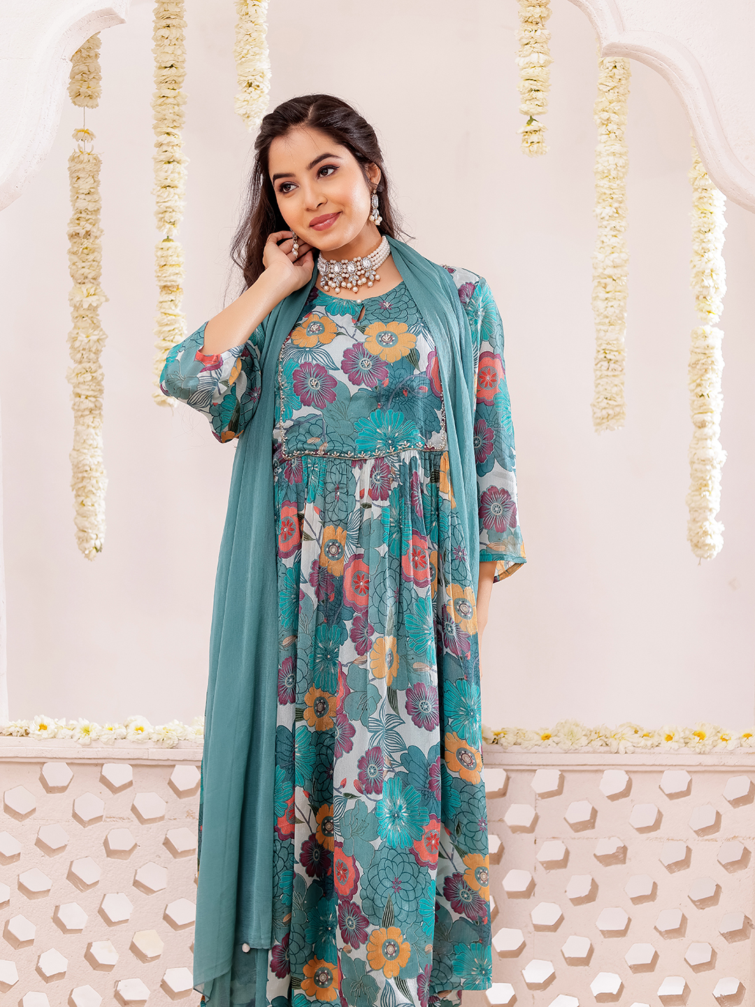 Chinon Floral Printed Adda Work Kurta, Trousers & With Dupatta