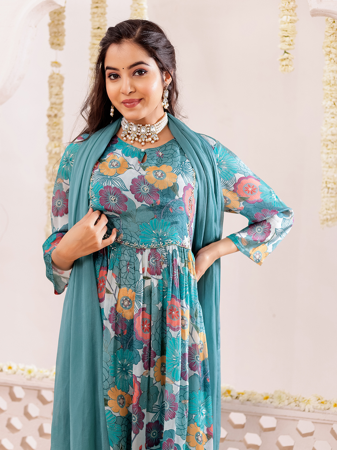 Chinon Floral Printed Adda Work Kurta, Trousers & With Dupatta