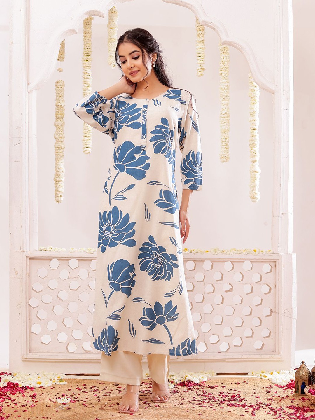 VASVI Floral Printed Thread Work Round Neck A-Line Kurta Hover