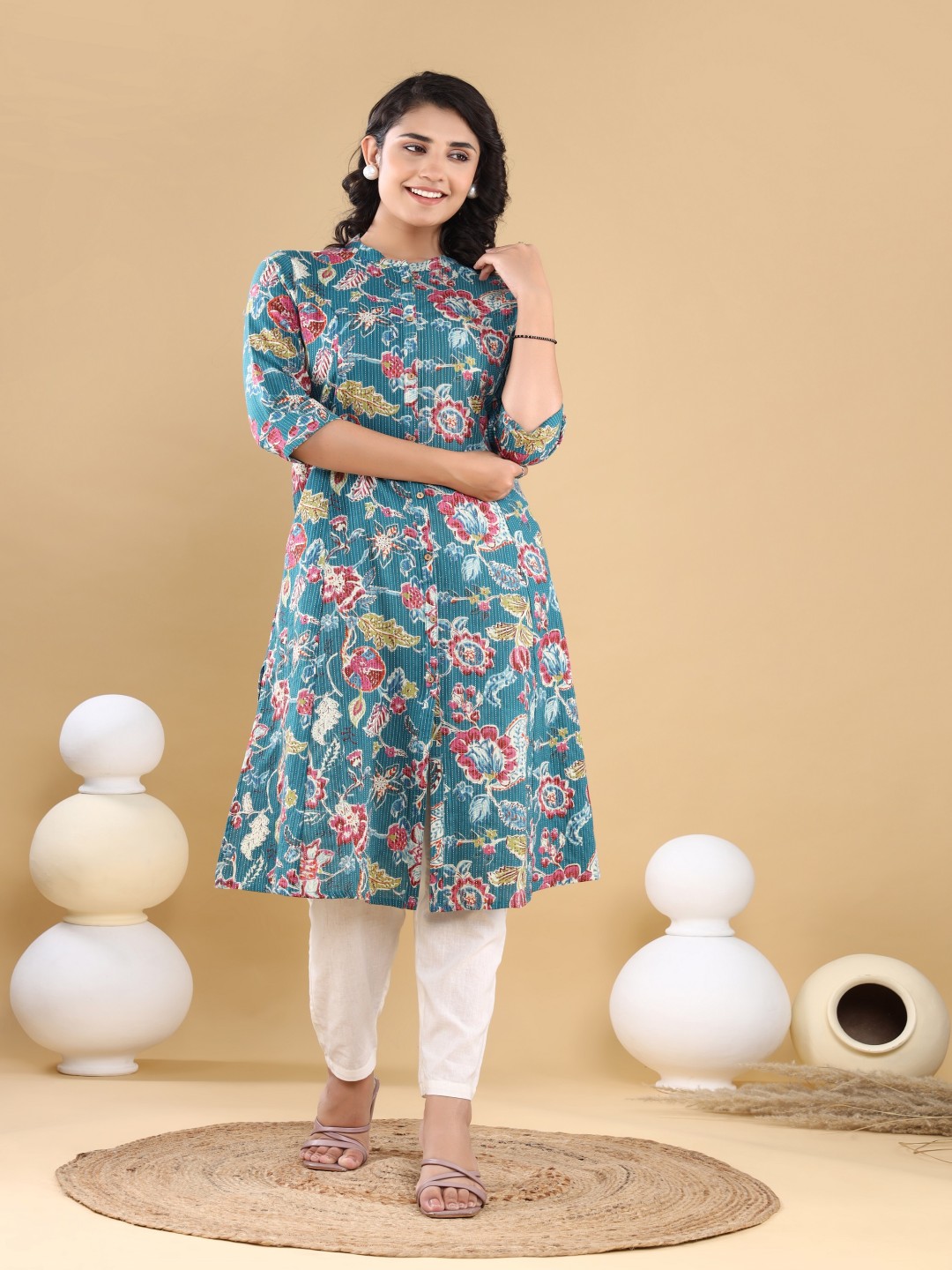 VASVI Floral Printed Mandarin Collar Kantha Work A-Line Kurta