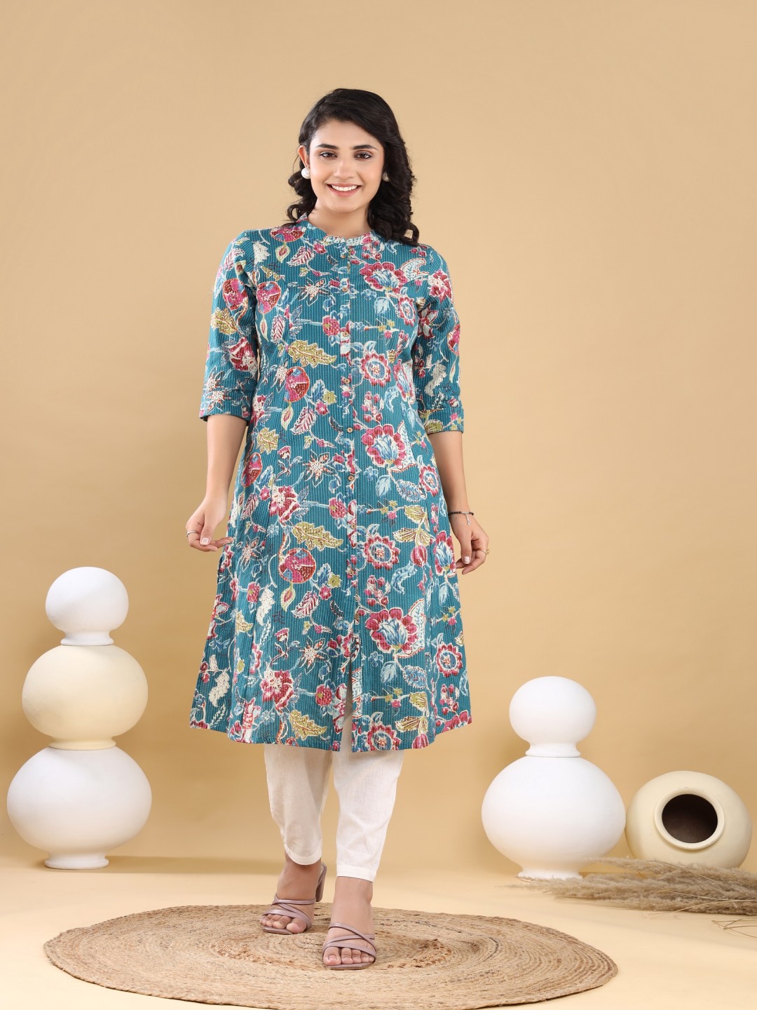 VASVI Floral Printed Mandarin Collar Kantha Work A-Line Kurta