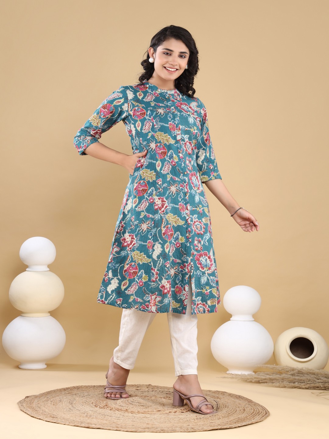 VASVI Floral Printed Mandarin Collar Kantha Work A-Line Kurta