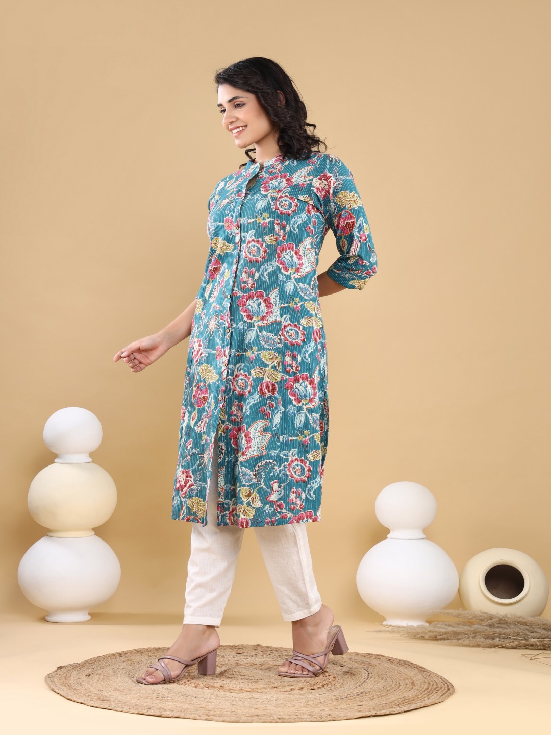 VASVI Floral Printed Mandarin Collar Kantha Work A-Line Kurta