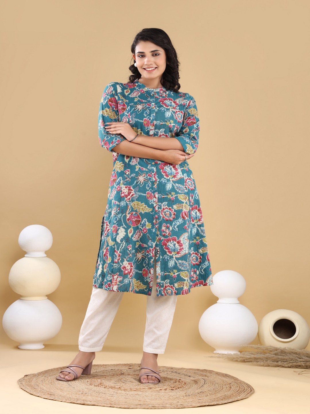 VASVI Floral Printed Mandarin Collar Kantha Work A-Line Kurta