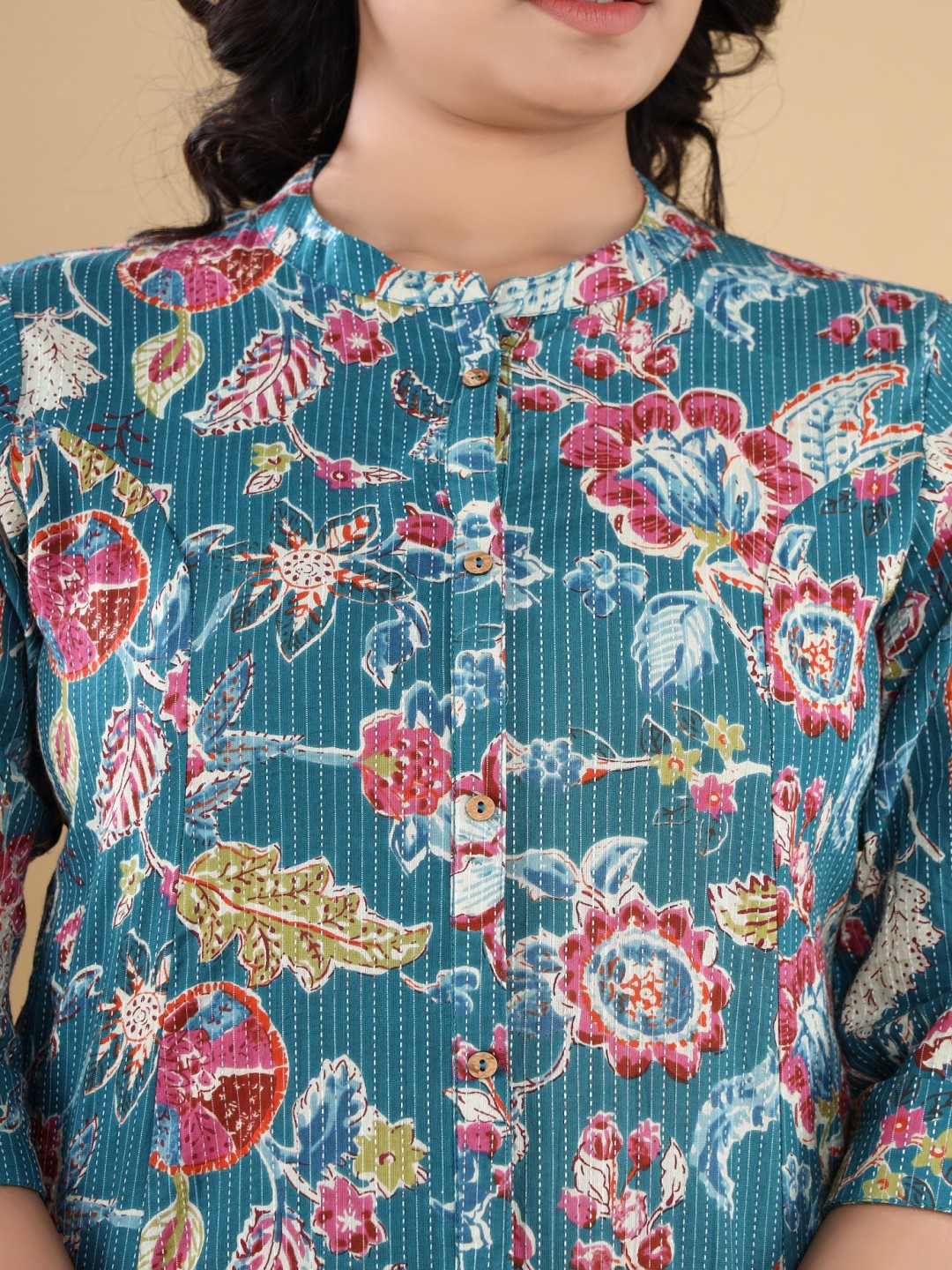 VASVI Floral Printed Mandarin Collar Kantha Work A-Line Kurta