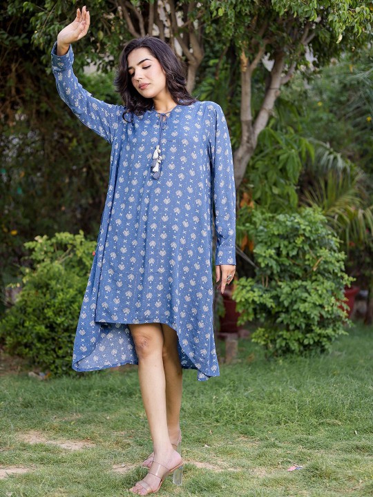 Lurex Ethnic Motifs Print Puff Sleeve A-Line Midi Dress