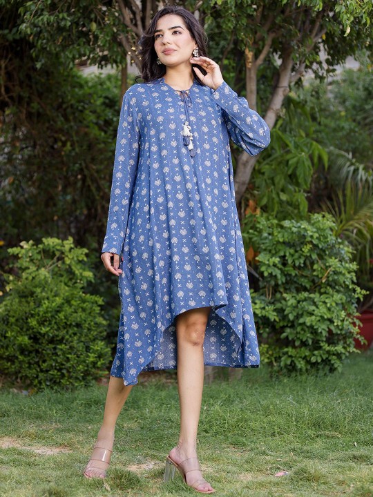 Lurex Ethnic Motifs Print Puff Sleeve A-Line Midi Dress