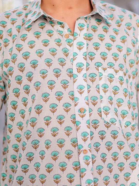 Men Classic Spread Collar Floral Printed Cotton Slim Fit Casual Shirt