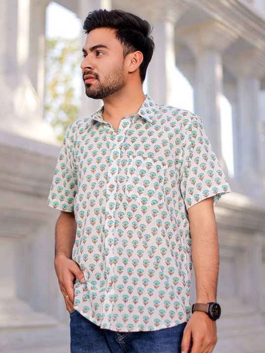 Men Classic Spread Collar Floral Printed Cotton Slim Fit Casual Shirt