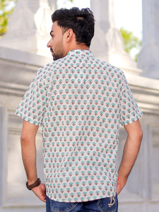 Men Classic Spread Collar Floral Printed Cotton Slim Fit Casual Shirt