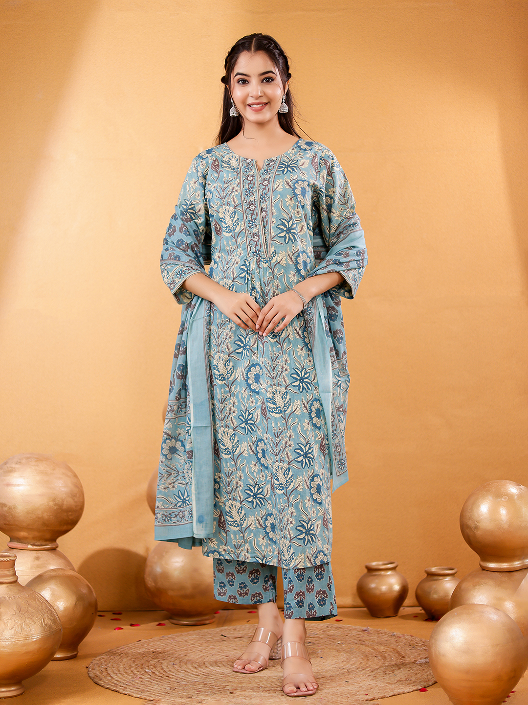 Women Floral Printed Cotton Kurta with Trousers & Dupatta