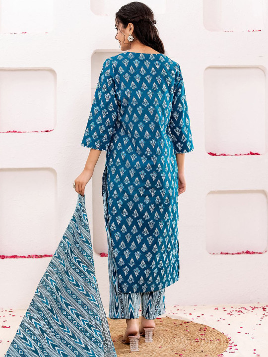 Women Floral Printed Pure Cotton Straight Kurta With Trousers & Dupatta Set