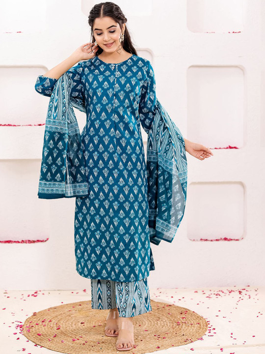 Women Floral Printed Pure Cotton Straight Kurta With Trousers & Dupatta Set